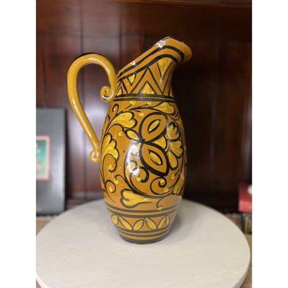 Aldo Londi Bitossi Italy Pitcher Vase Mid Century Modern Yellow Hand Painted - Picture 3 of 9
